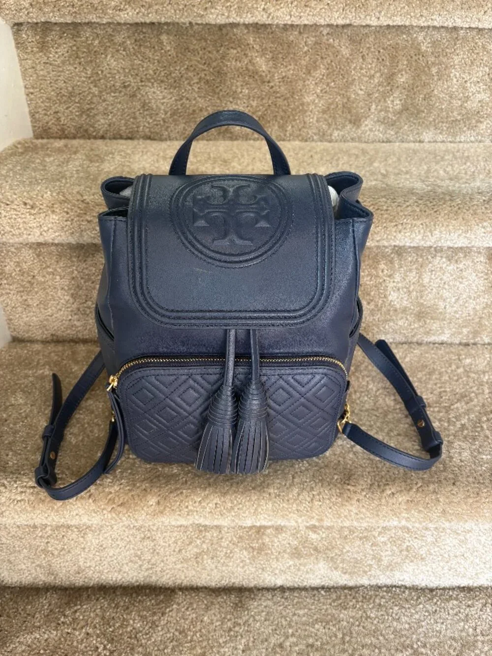 Tory Burch Fleming Leather Backpack Royal Navy Gold Chain NWT